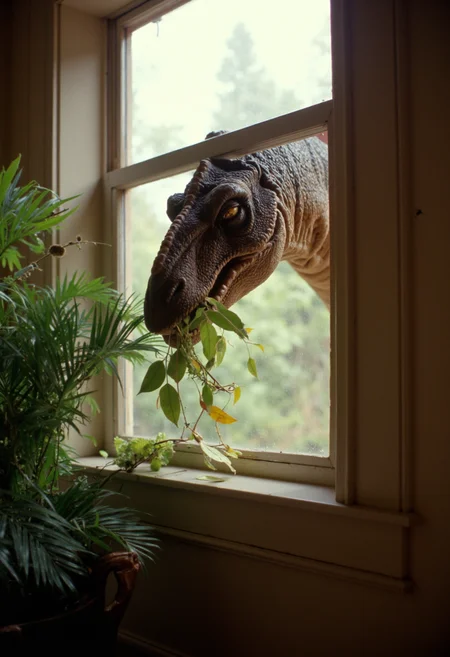 cinematic medium shot of the head of a brachiosaurus dinosaur stuck through a window in a living room, eating leaves from a potted plant, photorealistic, sharp focus, very detailed skin texture <lora:dinosaur_practical_fx-000025:1>