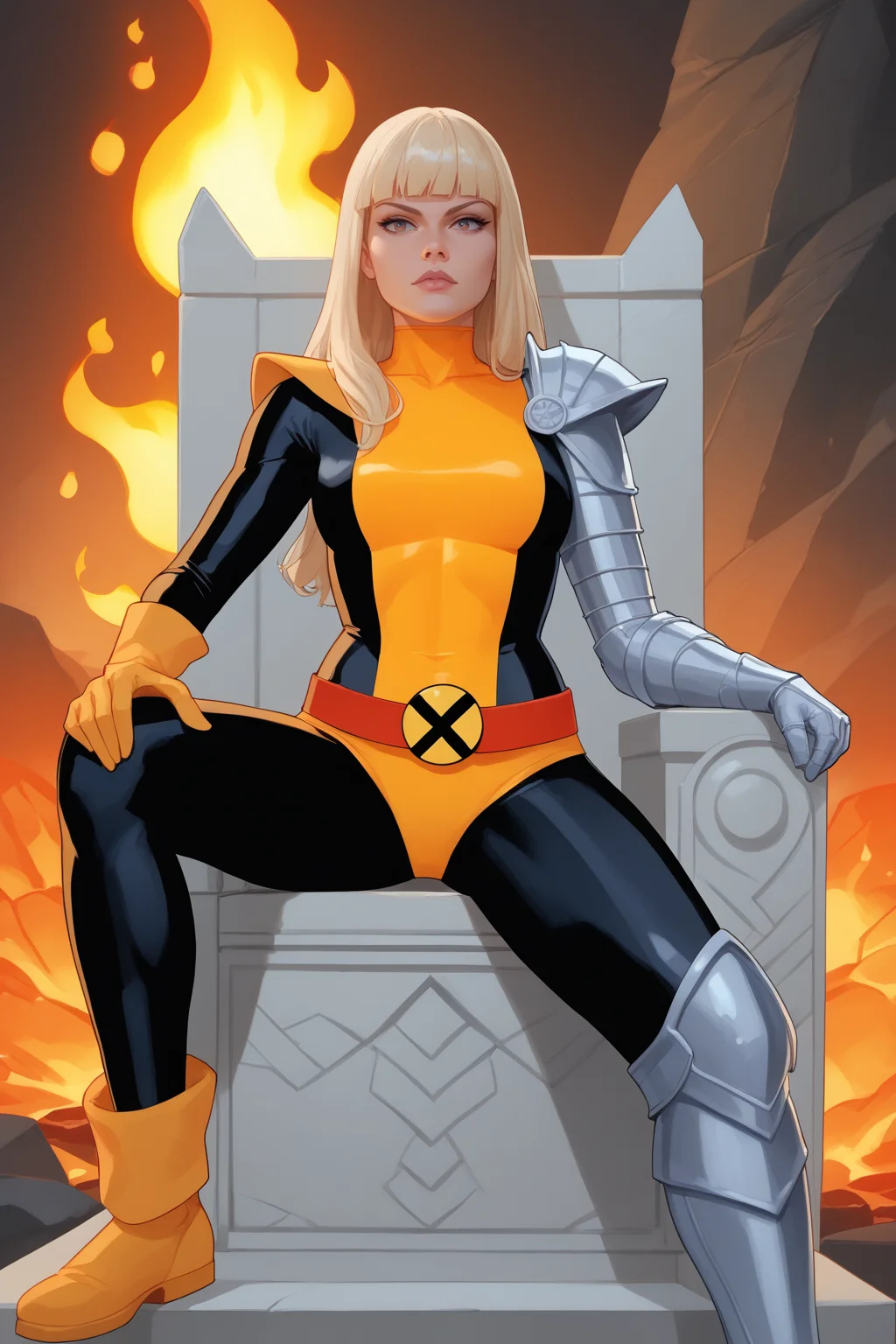 score_9, score_8_up, score_7_up, masterpiece, high quality
<lora:Magik ClassicPonyLoRA:1> mgik, long hair, bangs, single gauntlet, bodysuit, single glove, shoulder armor, belt, asymmetrical legwear, hands on hips, confident, in hell, limbo, flammes, fire, molten lava, rock, sitting on a throne,