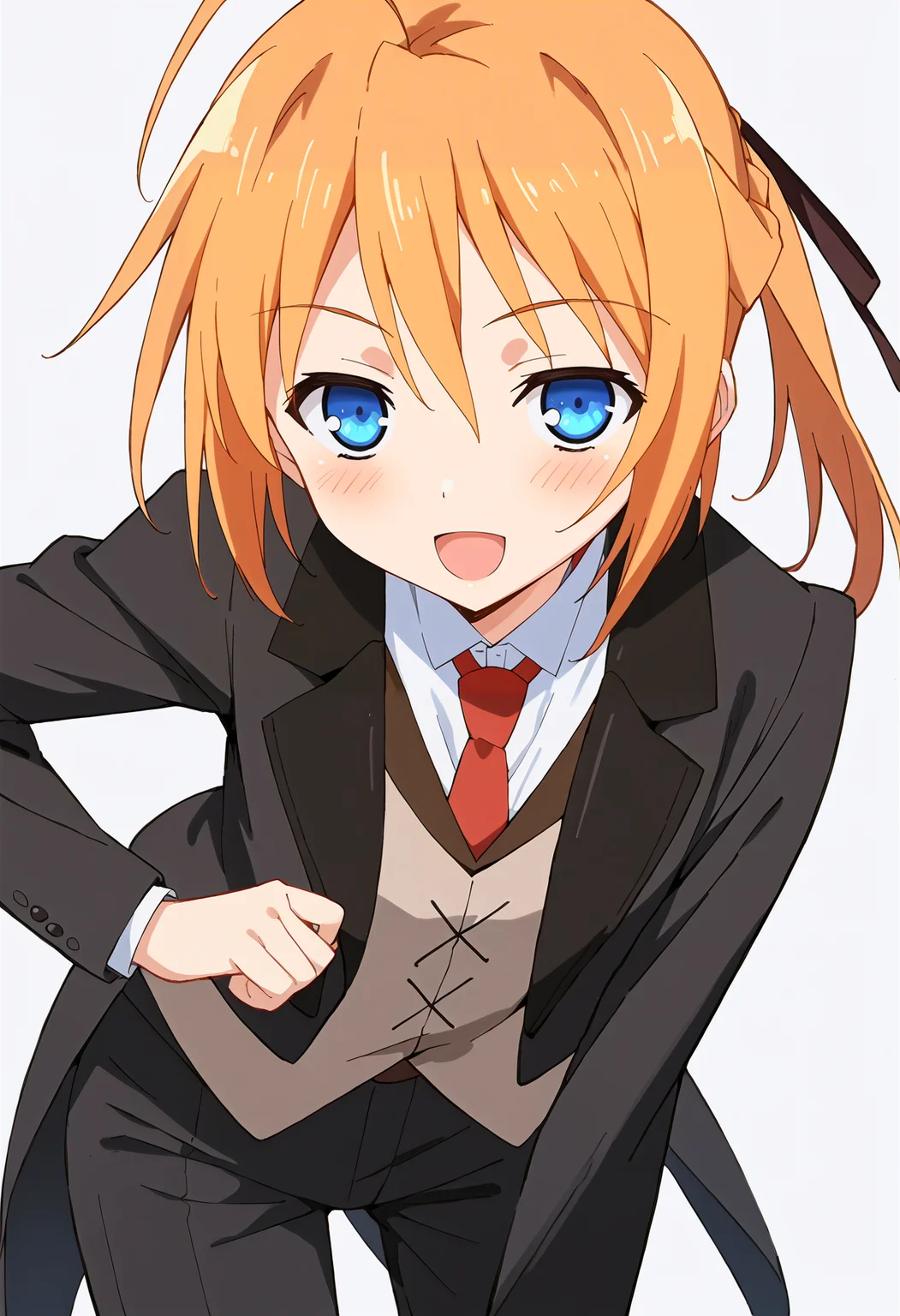 score_9, score_8_up, score_7_up, source_anime, rating_safe <lora:ksubaru_PONY-300007:0.95> ksubaru, 1girl, anime coloring, solo, short hair, short ponytail, hair ribbon,orange hair, blonde hair, ahoge,blue eyes, blazer, dress shirt,red necktie, vest, pants, formal, suit, belt, blush, looking at viewer, leaning forward, half-closed eyes, hand on own chest, smile, open mouth, standing, cowboy shot,white background,