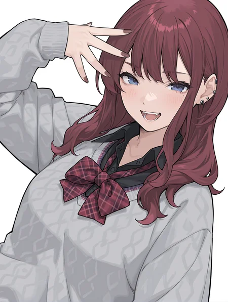masterpiece,best quality,newest,
1girl,solo,
<lora:natsuki-karin_gs_ilxl_v1.2:1>,n_karin,long hair,blue eyes,mole under eye,piercing,red nails,
sg_clothes,grey sweater,red checked bowtie,black shirt,
<lora:Fixhands_anime_bdsqlsz_V1:1>,dynamic_angle,simple_background,white background,looking_at_viewer,cinematic_angle,laughing,upper_body,face_focus,from_side,hand_on_own_,