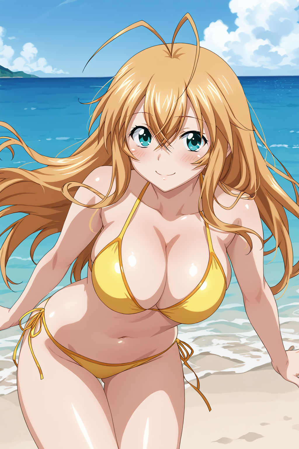 score_9, score_8_up, score_7_up, score_6_up, score_5_up, score_4_up, BREAK source_anime, masterpiece, anime screencap
1gil, solo, hakufu, long hair, blonde hair, green eyes, hair between eyes, antenna hair, large breasts, shiny skin, <lora:hakufu_pony:1>
yellow bikini, outdoor,  
blush, standing,  smile,
