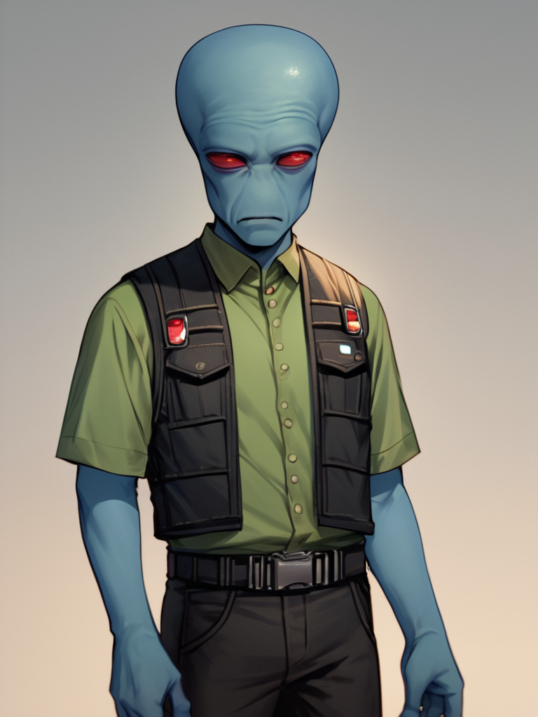 score_7_up, score_8_up, score_9, masterpiece, (1boy, solo,)perfect face, perfect hands, high quality, source_anime, cowboy shot, <lora:Duros_-_Star_Wars:1> duros, 1boy, colored skin, alien, red eyes, blue skin, bald, standing, black vest, green undershirt, black pants, utility belt,