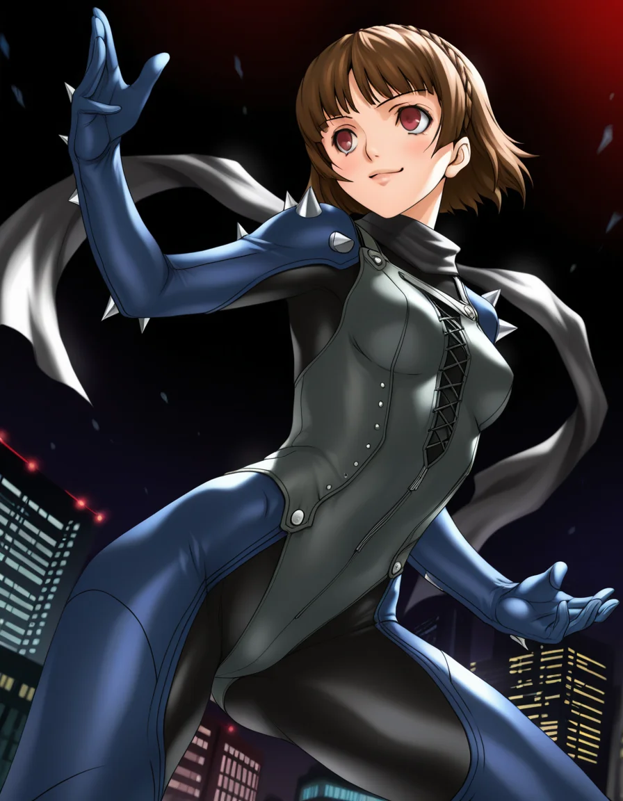 (joy ride pinup girls), <lora:1_illu_joyride_10ev2:1>, 1girl, Niijima Makoto, Persona 5, cowboy shot, brown hair, red eyes, crown braid, blue bodysuit, scarf, shoulder spikes, smile, closed mouth, short hair, small breasts, fighting stance, Tokyo, red and black background, city, (masterpiece, best quality, amazing quality),
