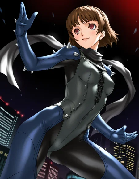 (joy ride pinup girls), <lora:1_illu_joyride_10ev2:1>, 1girl, Niijima Makoto, Persona 5, cowboy shot, brown hair, red eyes, crown braid, blue bodysuit, scarf, shoulder spikes, smile, closed mouth, short hair, small breasts, fighting stance, Tokyo, red and black background, city, (masterpiece, best quality, amazing quality),
