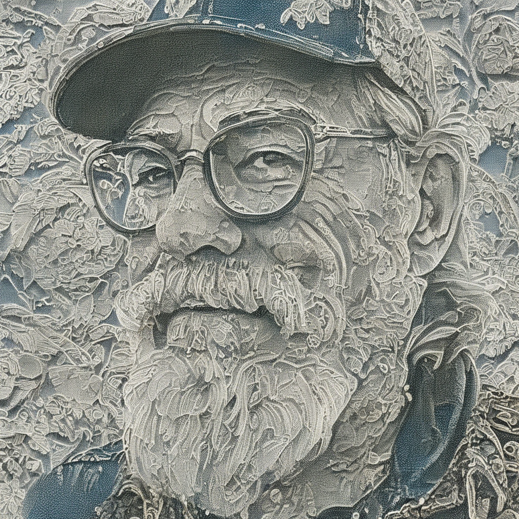<lora:SDXL_lace_drawing_Sa_May_V3:1>    lace drawing,   very close-up portrait of a 60-year-old hipster biker-style