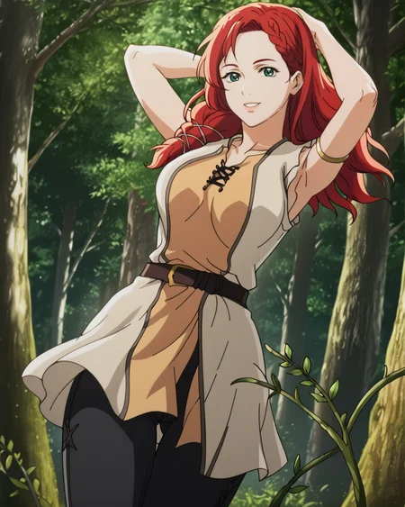 2d, source_anime, masterpiece, detailed, 1girl, <lora:HeraHammerhand:0.95> HeraHammerhand, solo, red hair, long hair, green eyes, braid, sleeveless, one armlet, (nordic tunic), black pants, breasts, blurry background, bokeh, looking at viewer, epic composition, posing, smiling, nature, forest, tree, realistic background, from below, clear sky, hand, hands behind head, wind in hair, hips tilt, chest tilt, head tilt, body tilt, knees, vines