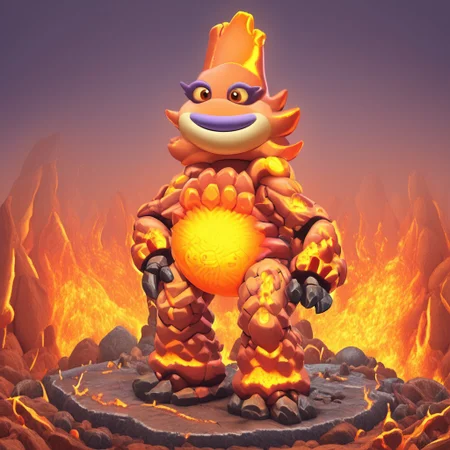 Amber on the background,Latex,KaynaMSM, fire-themed, glowing molten belly, rocky cracked outer skin, light yellow sclera, colored sclera, dark orange eyes, light purple eyelashes, light purple lips, big lips, orange tongue, colored tongue, no humans, pokemon (creature), smiling,beautiful,high-quality,solo,1female,