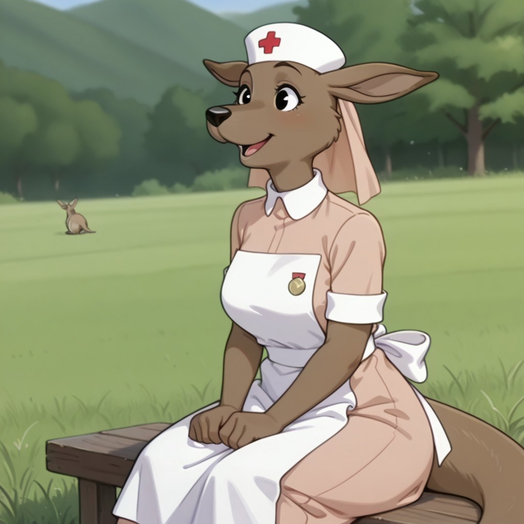 masterpiece, best quality, amazing quality, roonurseil, semi-anthro, female, kangaroo, brown fur, black eyes, pink dress, white trim, white apron, medal, white nurse cap, pink veil, red cross, happy, sitting, outside, solo