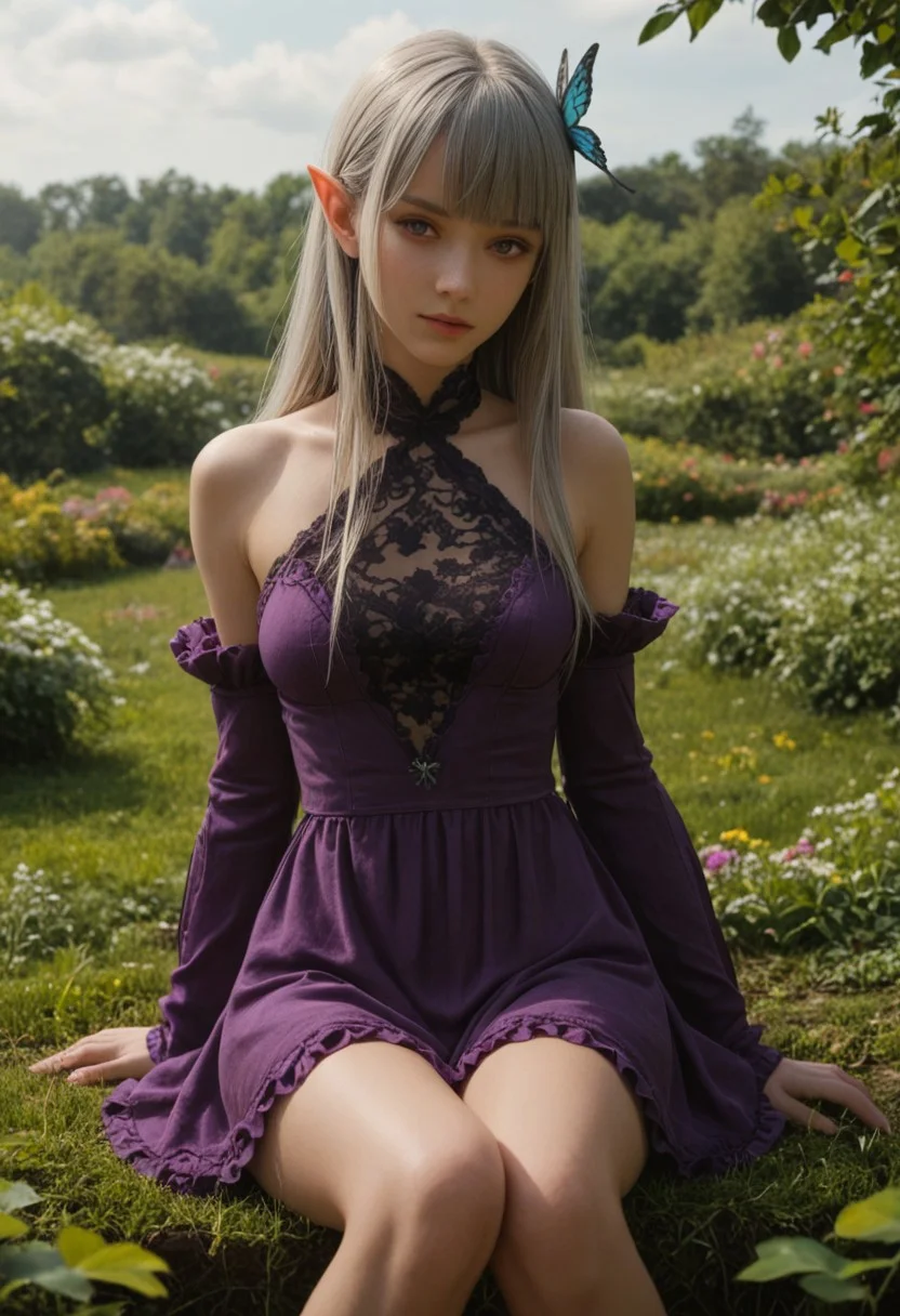 score_9, score_8_up, score_7_up, score_6_up,
1girl, 25 years old, perfect face, (adult), sexy,
purple eyes,
grey hair, long hair, butterfly hair ornament, hair ribbon, blunt bangs,
pointy ears,
green gemstone,
purple dress, bare shoulders, purple sleeves,
lace dress, frilled dress,
wariza, sitting, on grass, flowers,
green garden,