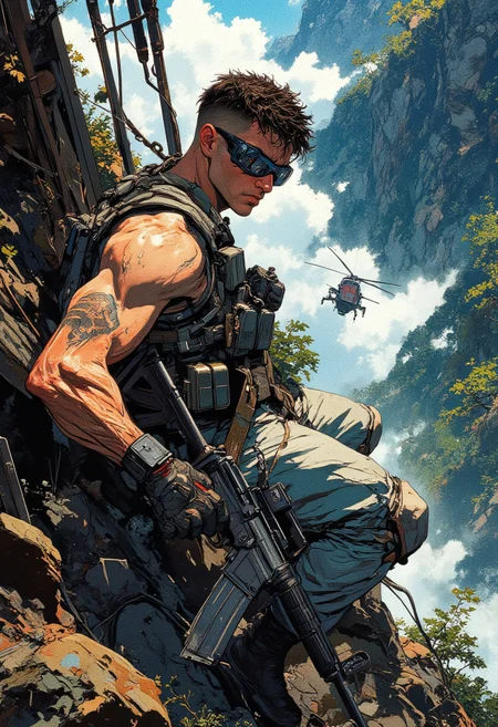 (A highly detailed) (up to down view) 
Cyberpunk soldier, cyber glasses embedded in his face, curly hair with shaved sides, light jeans with military pouches, dark shortened armor on his bare torso, ak-47 assault rifle, held on a rope, on the shoulder of the soldier. 
The soldier holds on to the ladder from the helicopter, which flies over a huge abyss, trees, rocks, tense scene, dynamic scene, 