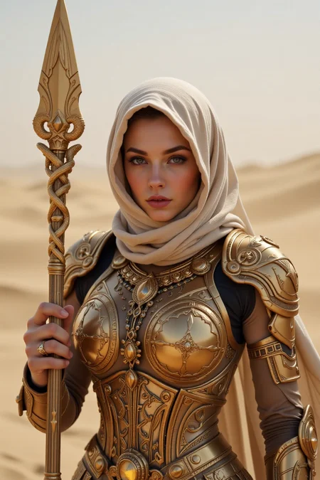 UHD, 4k, The sand empress, Extreme Upper Body Closeup Portrait, Sandy beige and bronze color graded, Face partially covered by a wind-swept scarf hood, Desert nomad inspiration, analog Photo of a fierce armored desert conjurer with a staff entwined with golden serpents, the serpents' eyes glimmering faintly, sandstorm sovereign, action pose, featuring a relentless, a desert warrior with translucent sand-based powers. She is depicted in a swirling sandstorm, gripping a spear made from crystallized sand. The glowing bronze outlines define the rugged lines of her form, weathered armor. The armor includes a rich bronze and beige chest piece with detailed hieroglyphic patterns.
, s-pose,future enchantress