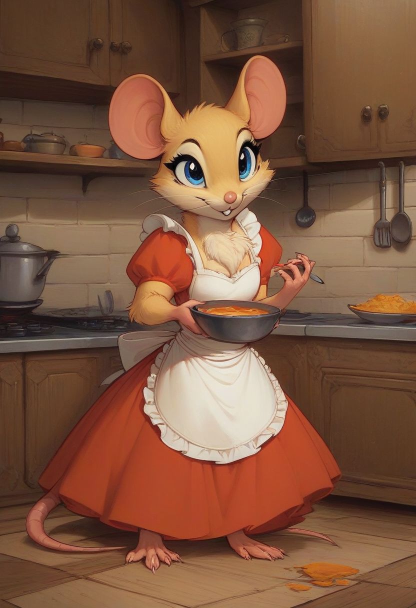 score_9, score_8_up, score_8, solo, fluffy, (feral), indoors, toes, furry, (((mouse))), female, blue eyes, yellow fur, chest, claws, (fluffy cheeks:0.7), (red dress, white apron), in the style of beatrix potter, cel-shading, fca style, medieval kitchen, cooking, (solo:2)