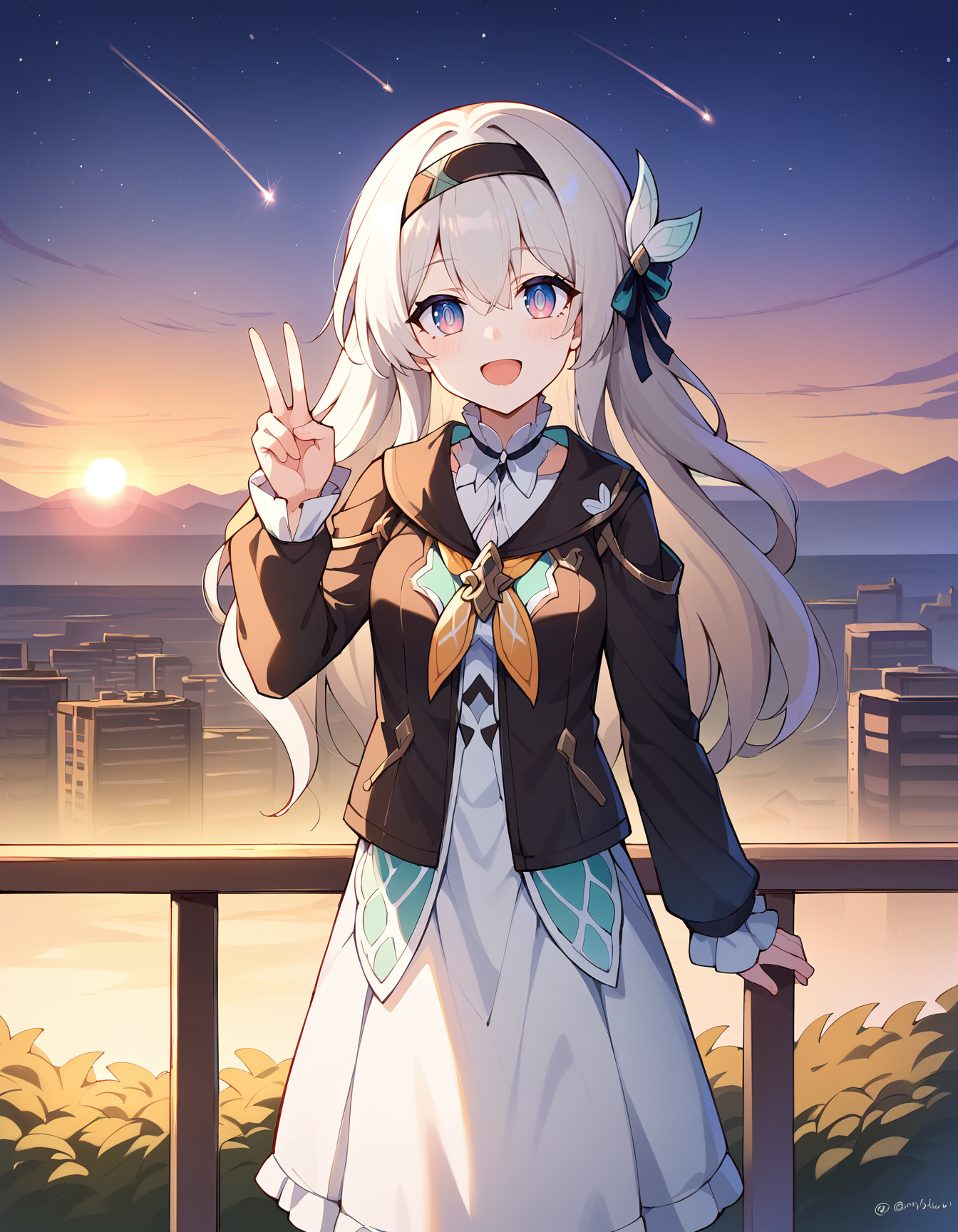 score_9, score_8_up, score_7_up, cityscape, scenery, blue sky, sunrise, night, star \(sky\), science fiction, railing, lens flare, shooting star, 
BREAK
source_anime, (osiimi, aztodio:0.5), (niliu chahui:0.35), (asura \(asurauser\):0.2), 
BREAK
(1girl, solo, solo focus), fireflydef, grey hair, long hair, jacket, dress, hair ornament, hairband, happy,
looking at viewer, hand up, v, 
 <lora:Firefly-v2.5.3-PDXL:1>