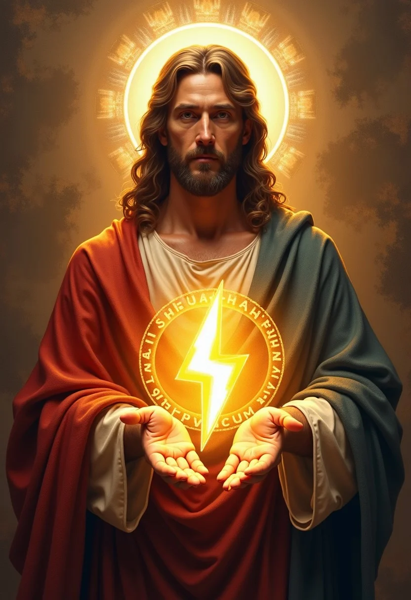Jebuzz Christ.
Between his hands is an icon of a lightning bolt