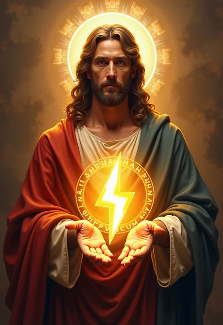 Jebuzz Christ.
Between his hands is an icon of a lightning bolt
