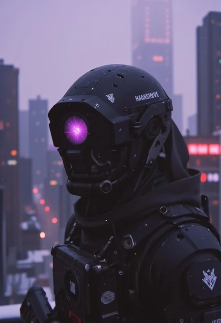 Extreme head closeup, cloudy, bright, high contrast, overlooking a snow-covered cityscape of towering skyscrapers and decaying buildings in a vast cyberpunk metropolis by night. The scene is shadowy and cool, with the specialist standing on the edge: a woman Hooded fishtank-head armored robot, text"doom", translucent dark-purple Glass Tank with a floating Galaxy inside, cloaked in a black military functional suit and a semi-transparent camo cloak. His cloak shimmers, reflecting faint, disappearing cyberpunk tiles like a glowing membrane. Emphasize the dark, dystopian atmosphere as his features are barely visible in the ambient neon glow. The chaotic sprawl of the towering structures contrasts with the sharp, meticulous details of the specialist, as he silently observes the city below. The cloak billows slightly in the wind, catching the dim light from the decaying metropolis. A chilling, post-apocalyptic mood fills the scene, filled with tension and mystery. The scene is bathed in dim, atmospheric light, with washed-out neon hues of pink, green, and blue creating a surreal and moody aesthetic.