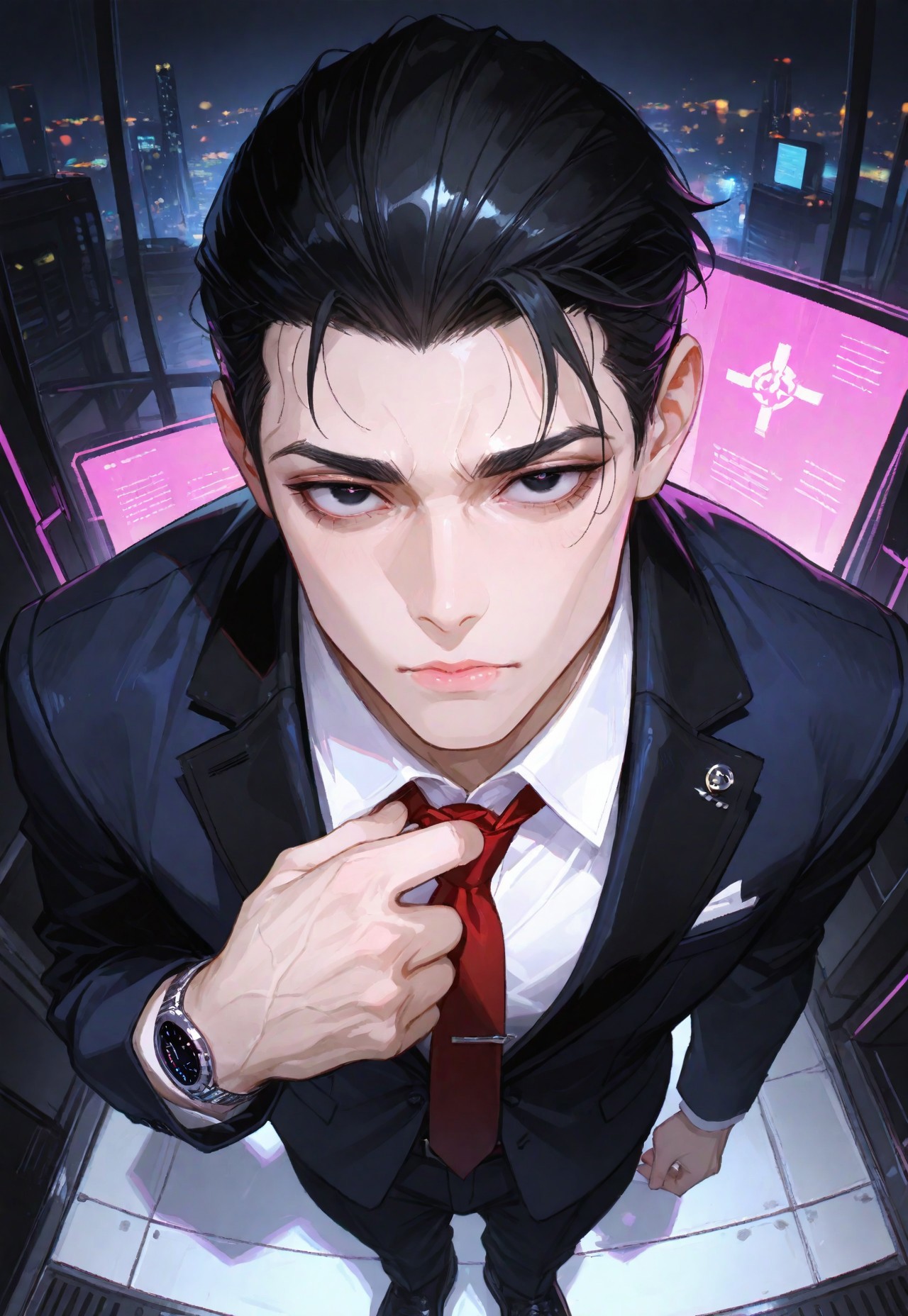 safe_pos, masterpiece, best quality, amazing quality, very aesthetic, absurdres, newest, holographic colors, cute, gradient colors, very aesthetic, volumetric lighting,1boy, uncensored, 
BREAK
nsfw, ambient occlusion, intricate cinematic background, (handsome detailed face), (sexy, rugged, hot), anime_face,
BREAK
masterpiece, highly detailed, solo, beautiful eyes, big eyes, (black eyes), detailed eyes, perfect eyes, detailed pupils, perfect body, closed mouth, (sexy lips),
BREAK
rosy skin, clean-shaven,
BREAK
black hair, short hair, hair slicked back, blazer, shirt, red tie, pants, belt, black shoes, futuristic watch, manly, sharp jawline,
BREAK
standing, adjusting tie, hand on tie,
BREAK
portrait, upper body, high angle view, face focus, room, luxurious, cyberpunk, neon, evening, cinematic composition, looking_at_viewer, cinematic lighting,