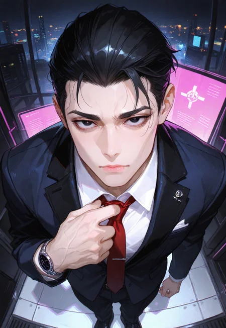 safe_pos, masterpiece, best quality, amazing quality, very aesthetic, absurdres, newest, holographic colors, cute, gradient colors, very aesthetic, volumetric lighting,1boy, uncensored, 
BREAK
nsfw, ambient occlusion, intricate cinematic background, (handsome detailed face), (sexy, rugged, hot), anime_face,
BREAK
masterpiece, highly detailed, solo, beautiful eyes, big eyes, (black eyes), detailed eyes, perfect eyes, detailed pupils, perfect body, closed mouth, (sexy lips),
BREAK
rosy skin, clean-shaven,
BREAK
black hair, short hair, hair slicked back, blazer, shirt, red tie, pants, belt, black shoes, futuristic watch, manly, sharp jawline,
BREAK
standing, adjusting tie, hand on tie,
BREAK
portrait, upper body, high angle view, face focus, room, luxurious, cyberpunk, neon, evening, cinematic composition, looking_at_viewer, cinematic lighting,