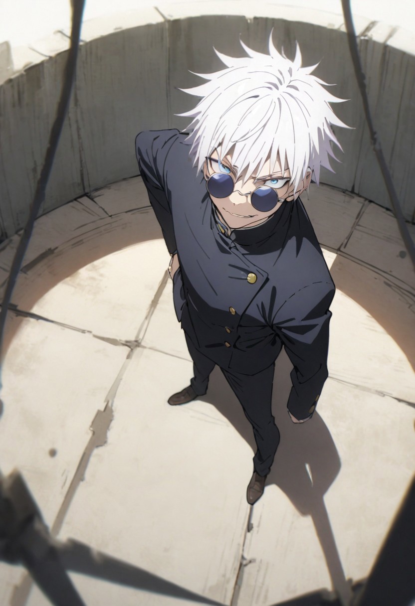 score_9, score_8_up, score_7_up, score_6_up, masterpiece, best quality, absurdres, cinematic, perfect composition, solo, 1boy, gojou satoru, blue eyes, white hair, round sunglasses, jacket, black jacket, gakuran, school uniform, high collar, smirk, standing, looking at viewer,