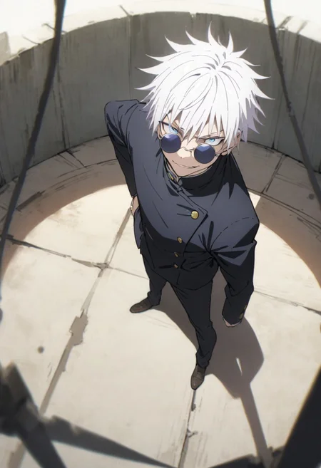 score_9, score_8_up, score_7_up, score_6_up, masterpiece, best quality, absurdres, cinematic, perfect composition, solo, 1boy, gojou satoru, blue eyes, white hair, round sunglasses, jacket, black jacket, gakuran, school uniform, high collar, smirk, standing, looking at viewer,