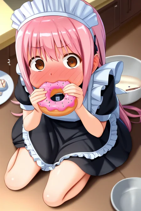 score_9, score_8_up, score_7_up, rating_safe BREAK
1girl, :t, puffy cheeks, surprised, (embarrased, full-face blush:1.2), looking at viewer, long hair, pink hair, brown eyes, black dress, maid dress, flat chest, sitting, on floor, eating, donuts, food, stack of plates, from above, (kitchen)