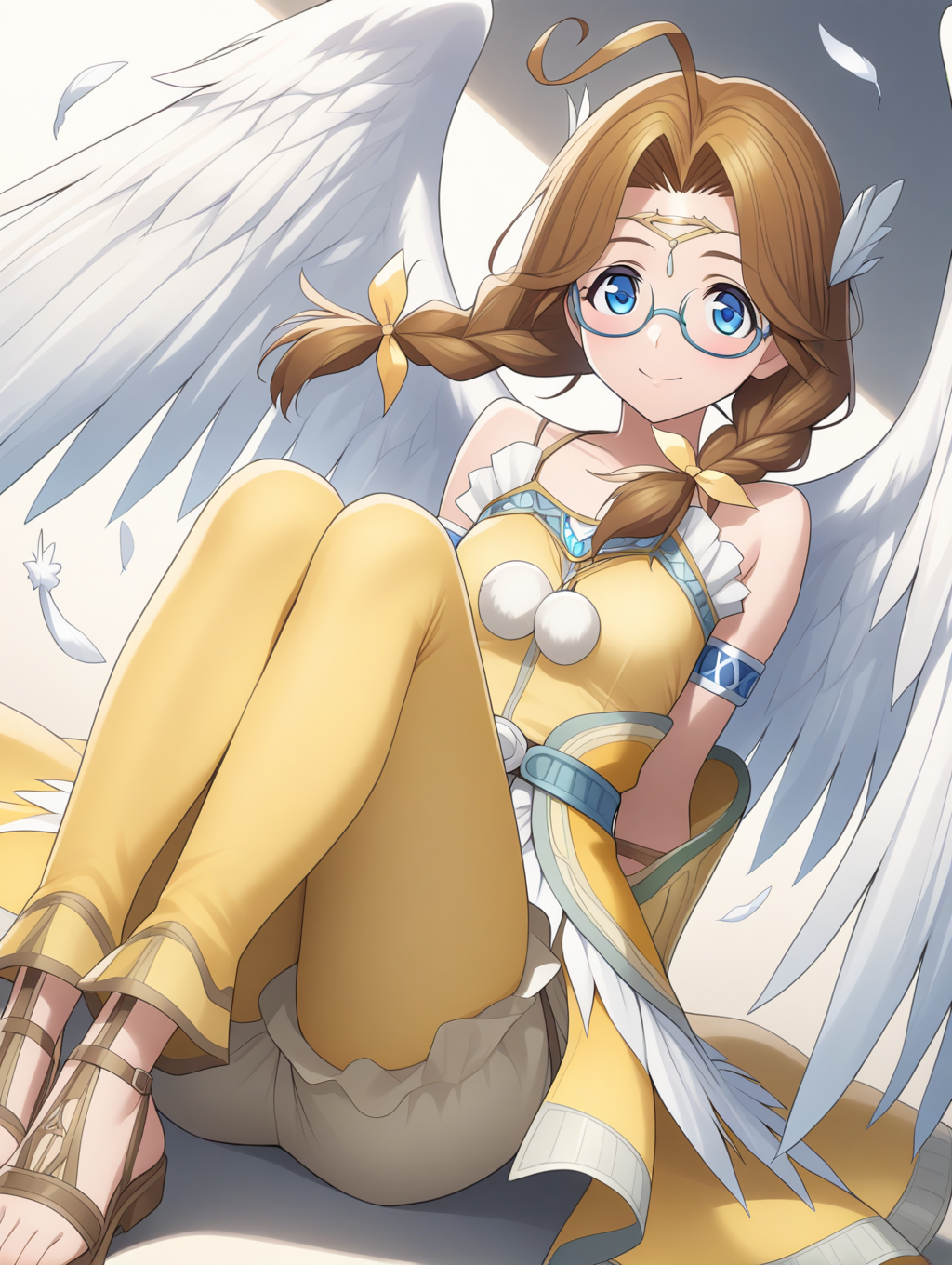 perfect quality,best quality,absolutely eye-catching,ambient occlusion,raytracing BREAK
1girl,<lora:sara IL v1.1:0.8>,sara,blue eyes,twin braids,ahoge,hair ornament,glasses,angel wings,yellow dress,armband,gauntlets,bare shoulders,feathers,sandals,white puffy short pants,yellow leggings,smile,, dynamic_angle,medium_shot,reclining,holding_hair,v_arms,legs_together,
