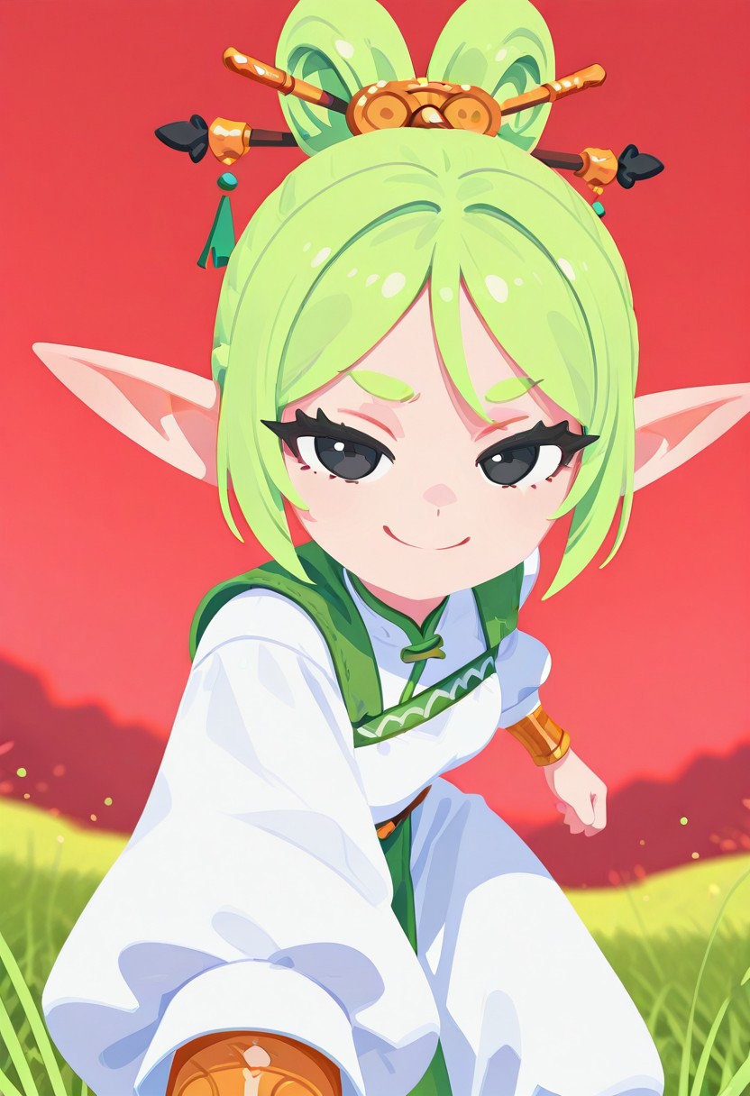 fabulosity_style, best quality, no lineart, no outline, flat color, blurry background, depth of field, thick eyelashes, 1girl, elf, black eyes, smug, pointed ears, white dress, green hair, hair sticks, red sky, grass, dynamic pose, foreshortening