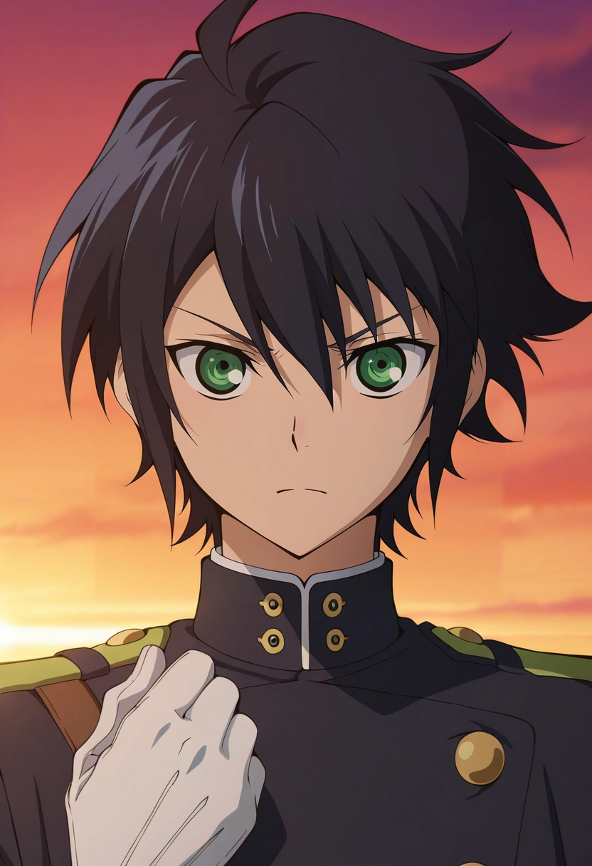 masterpiece, best quality, , anime screencap, anime coloring, official style, looking at viewer, 1boy, solo, male focus, <lora:yuuichirou_hyakuya_ilxl:0.98>, yuuichirou_hyakuya, black hair, green eyes, short hair, hair between eyes, ahoge, military uniform, white gloves, ,