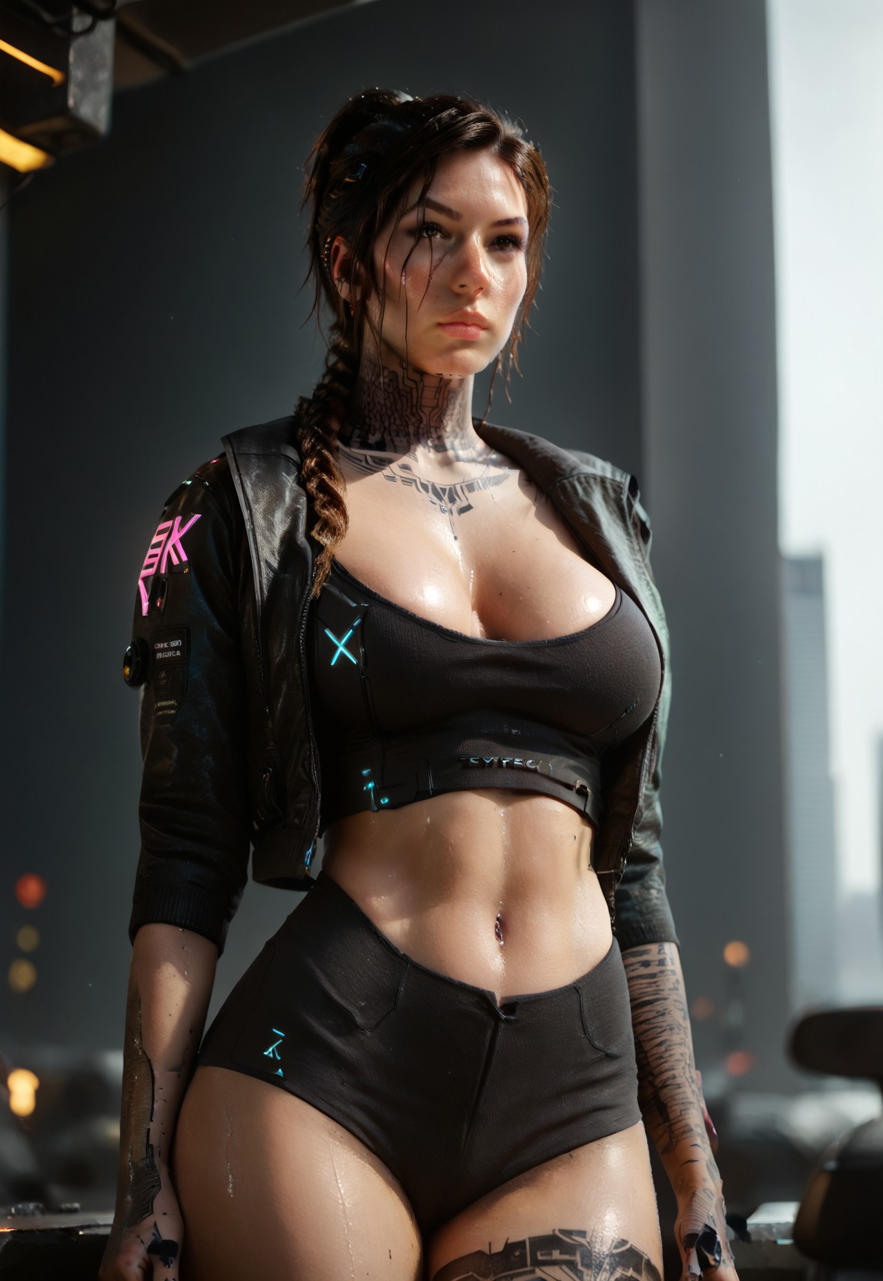 safe_pos, score_9, score_8_up, score_7_up, score_6_up, photorealistic, solo, Cyberpunk Style, cyberpunk, science fiction, hi tech, future tech, neon, (Cybernetics1.25), (Neon Cityscape:1), 

((KisxsfmLara, ponytail, braid, tattoos, brown eyes, brown hair, large breasts)), confident, 

(cyberpunk clothing, jacket, shorts, top)

cyberpunk city background