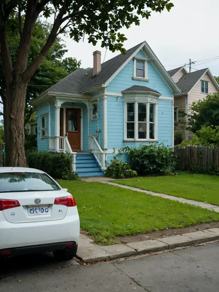 score_9,score_8_up,score_7_up, (v1ct0r14n:1), arched windows, bay windows, transom, small cornice, clapboard siding ,trim, ornate molding, columns on portico,  human scale, whole house in frame, tree,  power lines, telephone lines, car parked in front, circa 2025, fence, bushes, front view,  straight on,  short cornice, short architrave, white paint, clapboard siding, 2 floors, house,<lora:Victorian_House_Pony-000009:0.7>