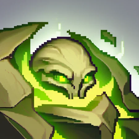 score_9, score_8_up,  <lora:zs_FEGBAPortraitsXL:1> fegbaportraits, portrait, white background,  <lora:NSFelConstructWC3:1.1> NSFelConstructWC3, green eyes, standing, no humans, glowing, glowing eyes, monster made of stone, green flames, green glow, bones, close-up