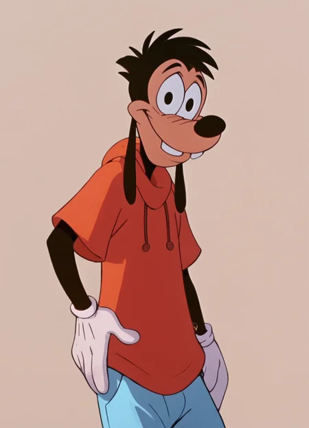 <lora:MaxGoofPony1.0:1>max, dog nose, male focus, animal ears, 1boy, solo, black hair, red hoodie, black eyes, white gloves, furry male, smile, blue pants, score_9, score_8_up, score_7_up, score_6_up, score_5_up, score_4_up, looking at viewer, hand on own hip, cowboy shot,simple background,