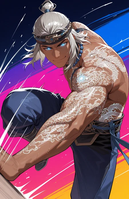 mk_firegod_liukang,
liu kang, blue eyes, glowing eyes,
liukang_body,
muscular male,
looking at viewer, smug, 
martial arts, kicking, knee up, motion blur, motion lines, action scene,
feet out of frame,
dynamic angle,
facing viewer, hunched over, leaning forward
simple background,
detailed, light, dark, glowing tattoo, dragon tattoo,
colorful background, color contrast,
masterpiece, best quality, amazing quality, very aesthetic, absurdres, newest, very awa,
<lora:[Char - IL] Mortal Kombat - Liu Kang [Fire God ] (R1E07):0.8>