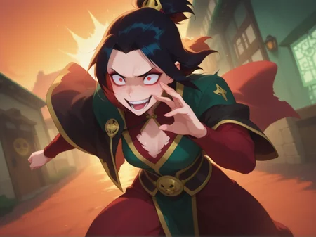 1girl, 
 Azula â Black-haired,,
 crazy, action, 
<lora:DarkfireKans3n_v2Final:1>