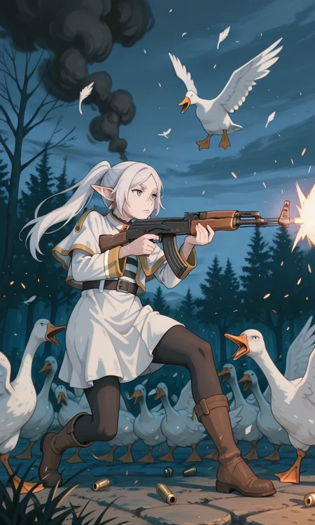 masterpiece, best quality, amazing quality, very aesthetic, absurdres, newest, ak-47, assault rifle, goose ambush, 6+ geese, freiren_\(sousou_no_frieren\), white_hair, long_hair, elf_ears, emotionless_expression, firing_gun, outdoor_night, cold_stare, bullet_casings, dynamic_pose, windblown_hair, glowing_particles, cinematic_shot, intense_action, warzone_atmosphere, embers, smoke, sparks, chiaroscuro lighting, aiming down, brown boots, black leggings, long sleeves, gold accents, white skirt,<lora:ak-47.safetensors:1.0:1.0> <lora:goose ambush_illustrious.safetensors:1:1>
