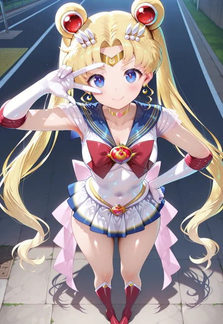 masterpiece,extremely detailed,best quality,amazing quality,newest,absurdres,highres, super detailed skin,1 girl, supersailormoon, twintails, circlet, earrings, heartchoker, white back bow ,gloves, miniskirt,, smile, pigeon-toed, v_over_eye ,One hand on hip and the other making a V_over_eye,, from above, outdoors