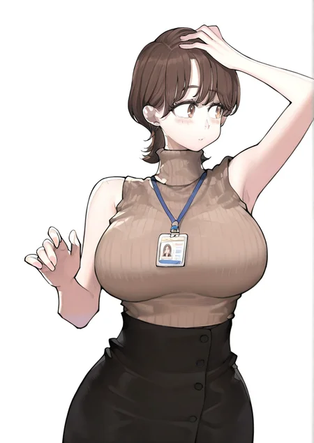 <lora:navigavi:1.2>,1girl, huge breasts, , arm up, armpits, beige shirt, black skirt, blush, breasts, hand on own head, high-waist skirt, id card, lanyard, looking to the side, mature female, skirt, sleeveless, solo, sweater, turtleneck, turtleneck sweater, upper body, very awa, masterpiece, best quality,highres, absurdes,amazing quality