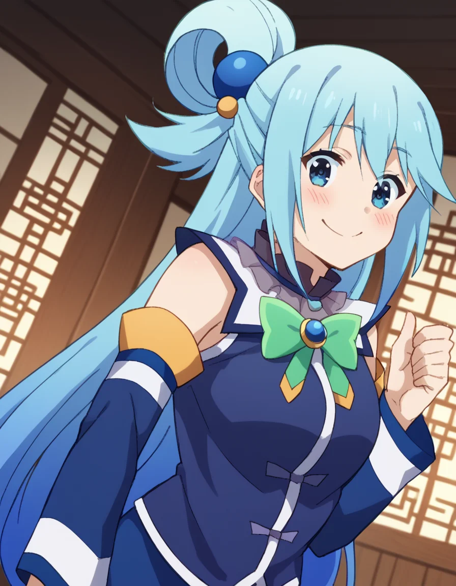 score_9, score_8_up, score_7_up, source_anime, konosubaaqua, <lora:konosuba-aqua-s2-ponyxl-lora-nochekaiser:1>, aqua (konosuba), long hair, blue eyes, hair ornament, very long hair, blue hair, hair rings, single hair ring, hair bobbles,, <lora:tangzhuang-ponyxl-lora-nochekaiser:1>, tangzhuang, chinese clothes,, indoors, smile, blush,, full body, dutch angle, looking at viewer,