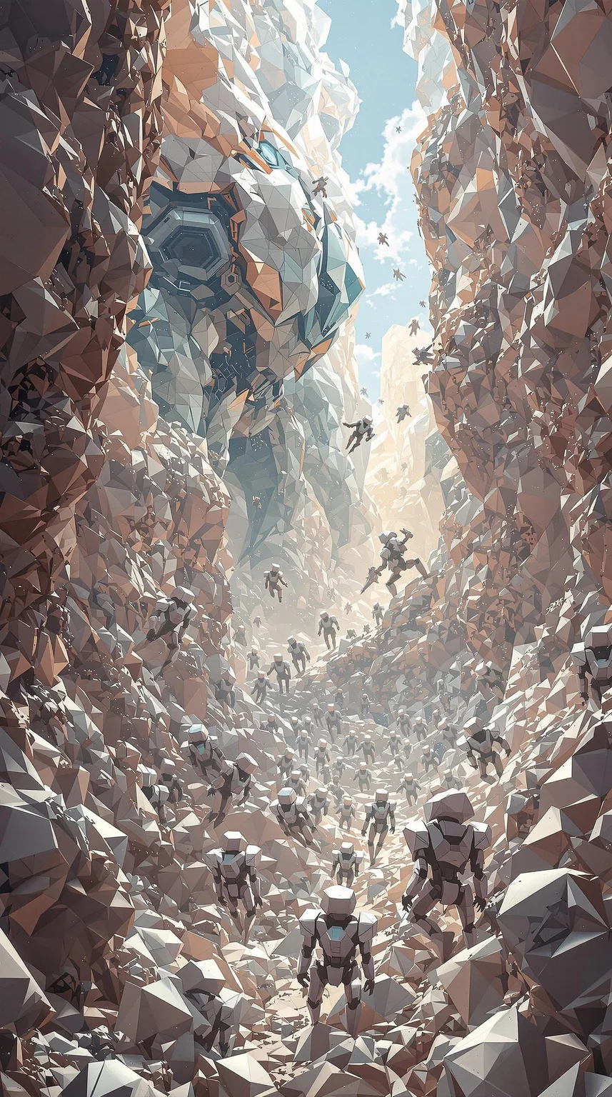 An army of origami mechs battling across a floating fractal landscape, illustrated in origami paper-fold realism mixed with chaotic Mandelbrot fractal patterns, infinitely repeating folds within folds, surreal and mechanical