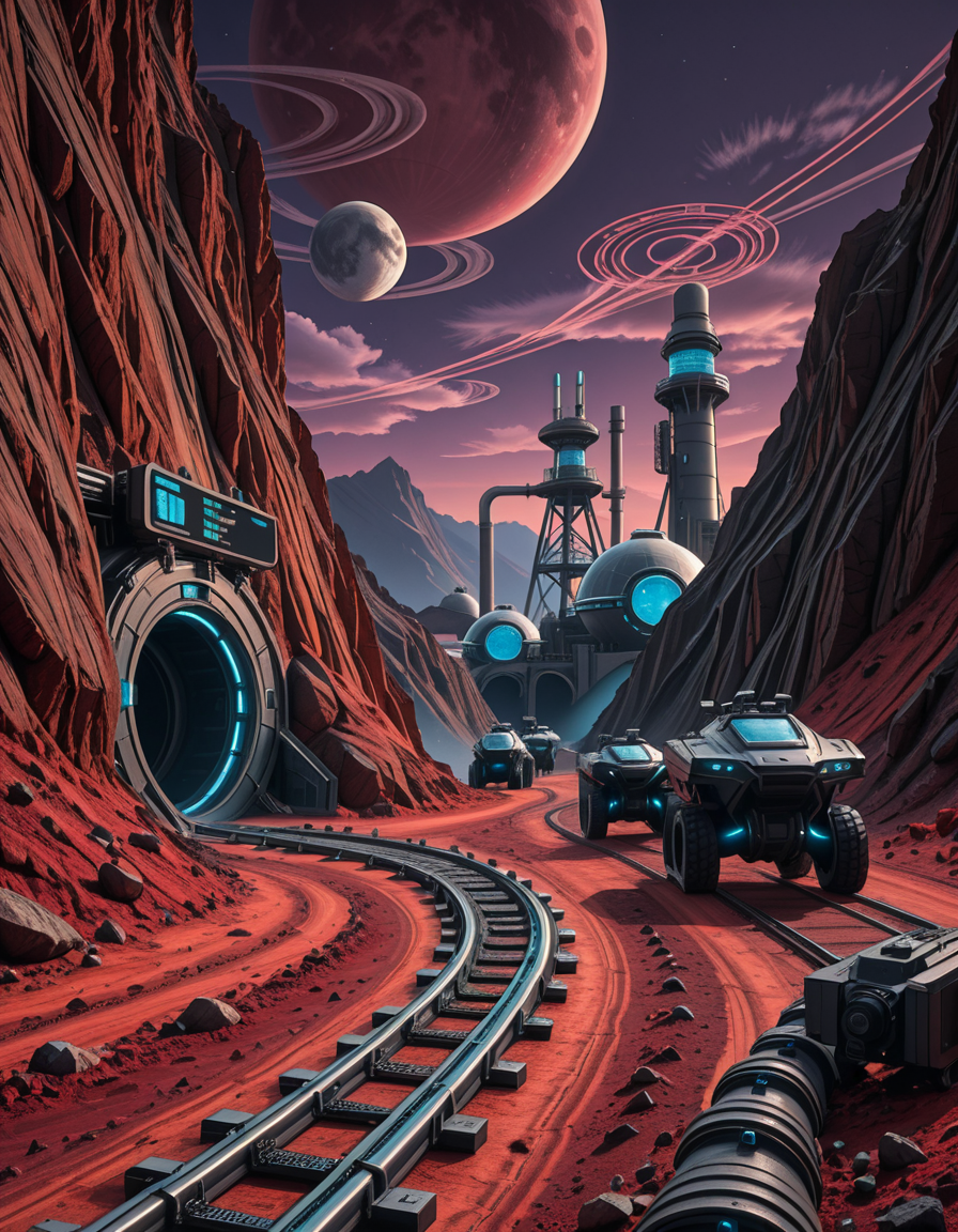 A futuristic mining outpost on a distant, rocky planet with a harsh, alien landscape. The mine entrance is a massive, reinforced metal tunnel carved into the side of a jagged, dark-red mountain. Advanced, glowing blue energy lights line the entrance, illuminating the metallic tracks that lead deep underground. Large, heavily-armored mining vehicles with mechanical arms and drills are stationed nearby, extracting rare minerals from the rock. The ground is covered in fine, reddish dust, kicked up by the movement of autonomous robotic drones that transport ore to a towering industrial refinery in the background. The sky is a deep, dark purple with swirling clouds and two distant moons casting a cold, eerie glow. In the distance, futuristic habitation domes with transparent walls house workers in protective exosuits, their silhouettes visible inside. A neon-lit control tower monitors operations, its holographic screens displaying real-time data. The atmosphere is both desolate and technologically advanced, evoking a sense of exploration and survival on the edge of the galaxy.
<lora:SDXLFaeTastic2400:0.4> <lora:extremely_detailed:0.4> extremely detailed,futuristic mining 0utp0st, <lora:futuristic_mining_0utp0st-i:1>, Masterpiece,best quality,hi res,8k,hi res,8k,award winning,(sharp focus, intricate, highly detailed),