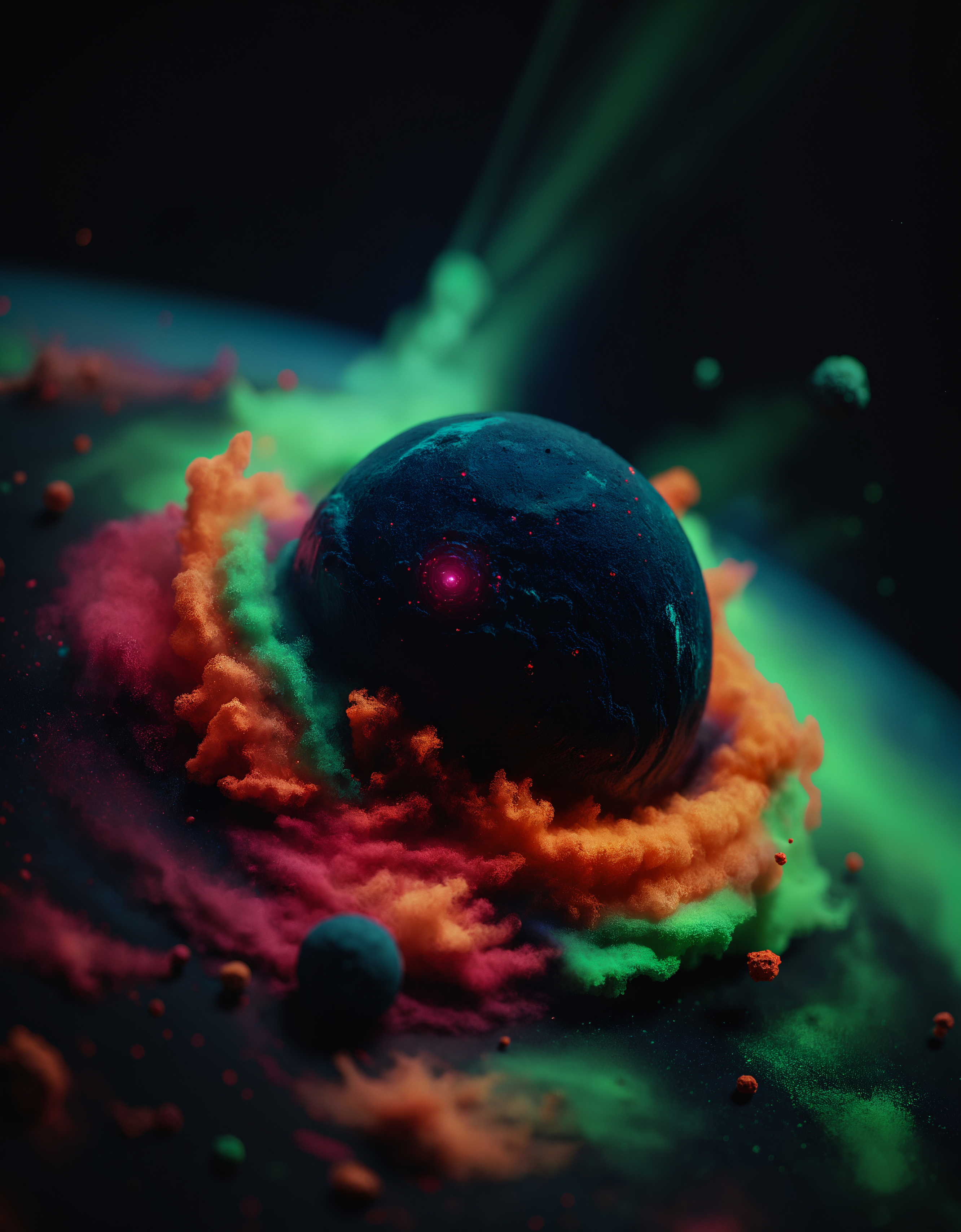 zavy-flrscnc, fluorescent, glowing dust, fluorescent dust, fluorescent spraypaint, fluorescent grain, dust, cinematic film still of a nebulae in space, photorealistic, 100mm f/2.8 macro lens,