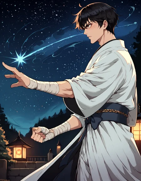 score_9, score_8_up, score_7_up, score_6_up, source_anime, masterpiece, detailed, refined, 1boy, solo, teenager, freckles, fantasy, detailed background, (huge tree on the center of background), night sky, stars, white kimono, hand wrap, fighting stance, black hair, from side, looking to the left