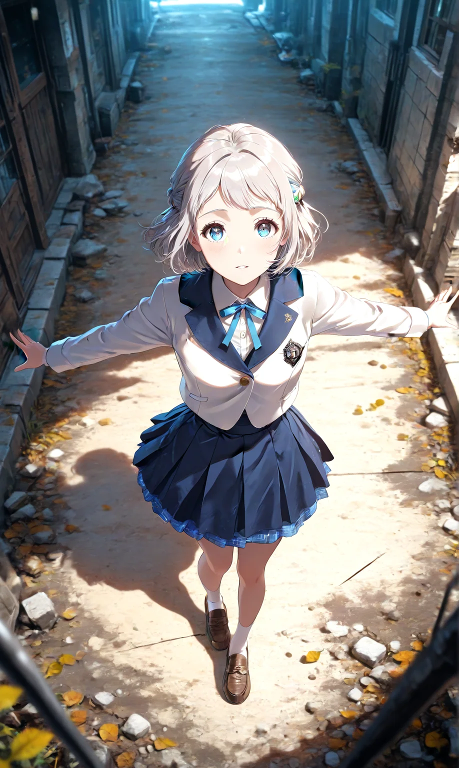(masterpiece, best quality:1.2), (absurdres, highres, ultra-detailed), (perfect anatomy), BREAK ,(detailed background,dark fantasy), (beautiful detailed face), high contrast, (best illumination, an extremely delicate and beautiful), ((cinematic light)),lilja765pro, short hair, blue eyes, grey hair, braid, ribbon braid,mythp0rt,liljacasual, blue skirt, school uniform, pleated skirt, bow, socks, neck ribbon, blue ribbon, white socks, brown footwear, loafers, white jacket,standing, walking, full body,spread arms, outstretched arms, from above, school,outdoor,looking at viewer,