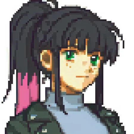 score_9, score_8_up, score_7_up, source_anime BREAK fegbaportraits, 1girl, portrait, white background, black hair, pink dyed hair, ponytail, bangs, green eyes, freckles, leather jacket, turtleneck <lora:zs_FEGBAPortraitsXL:1>