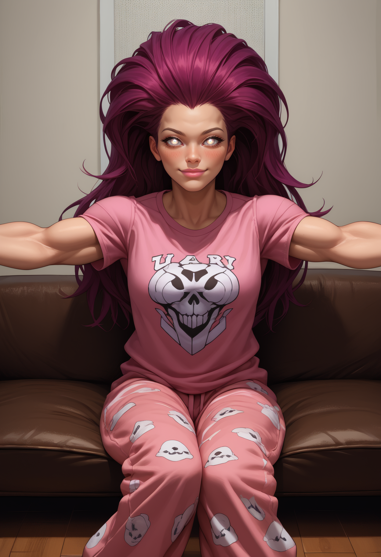 score_9, score_8_up,score_7_up, source_anime, 1girl, solo, <lora:Drksdfry_pdxl_EliPot_v2:1>  drksdfry, long hair, glowing eyes, white eyes, no pupils, purple hair, toned, muscular, muscular female,
pink lips, print t-shirt, baggy pants, outstretched arms, blush smiling, sitting on couch, in living room, looking at viewer, pov, incoming hug,