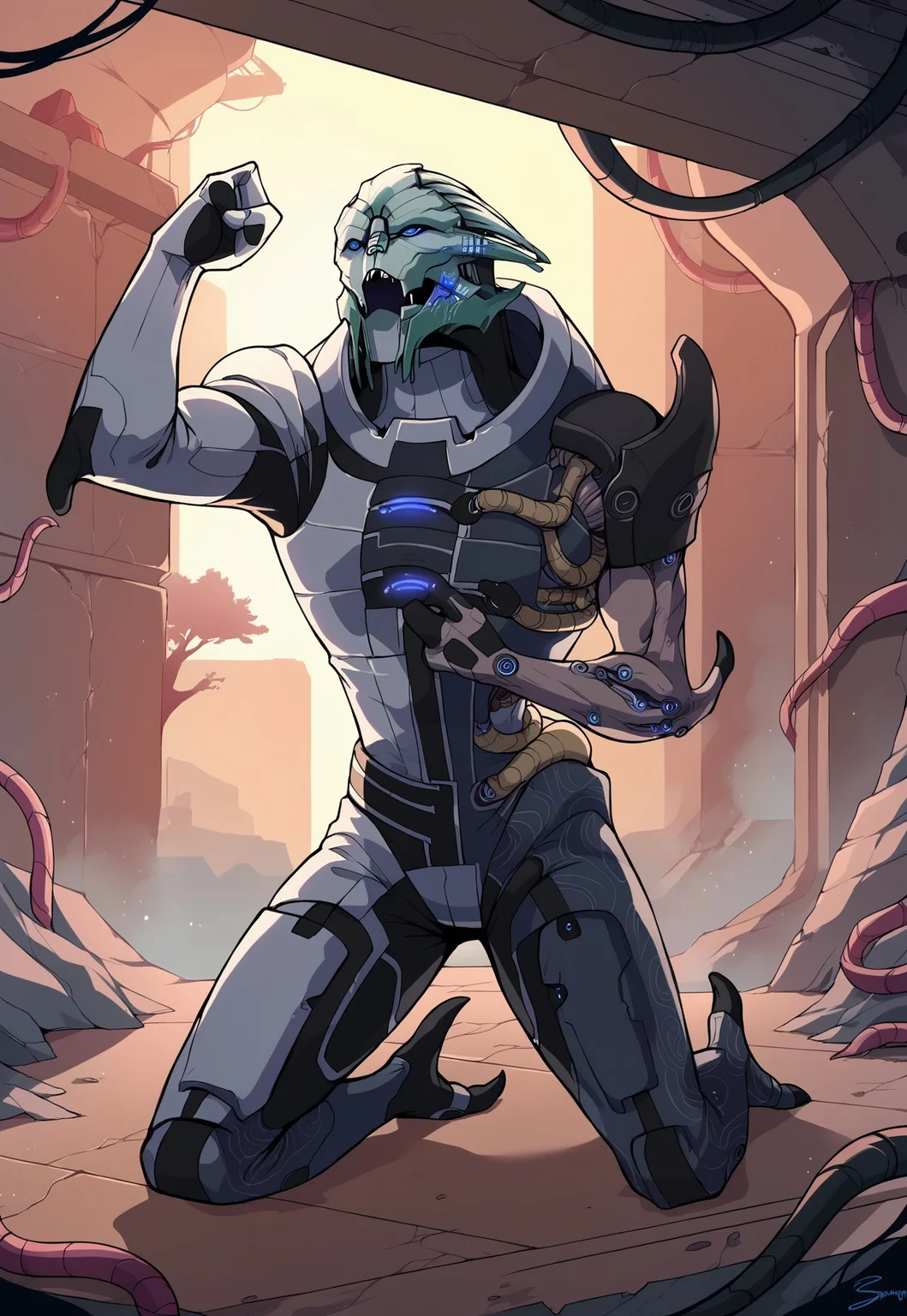 score_9, score_8_up, score_7_up, mass effect, BREAK, sarenarterius, 1boy, male, alien, solo, armor, hood, cybernetic arm, cybernetic eyes, blue eyes, cybernetic face, cables, cybernetics, kneeling, raised fist in the air, looking up, head up, open mouth, sharp teeth, screaming, angry, indoors, trees, ruins, detailed background, science fiction, futuristic, speech bubble