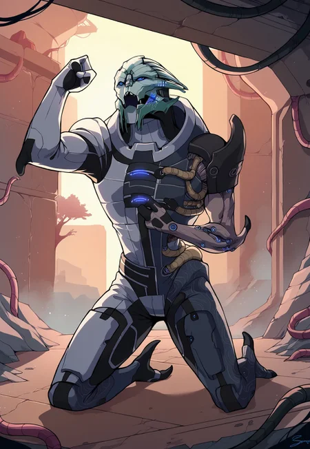 score_9, score_8_up, score_7_up, mass effect, BREAK, sarenarterius, 1boy, male, alien, solo, armor, hood, cybernetic arm, cybernetic eyes, blue eyes, cybernetic face, cables, cybernetics, kneeling, raised fist in the air, looking up, head up, open mouth, sharp teeth, screaming, angry, indoors, trees, ruins, detailed background, science fiction, futuristic, speech bubble