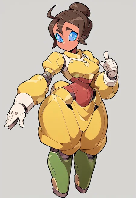 score_9,score_8_up,score_7_up,score_6_up, solo, 1girl, ahoge, JanePorterXLP, hair bun, colored skin, light blue skin, thick eyebrows, colored sclera, yellow eyes, short tail, medium breast, wide hips, thick thighs, puffy sleeves, yellow dress, white gloves, hair bun, robot, mecha, simple background, no humans, blue eyes, humanoid robot, standing, robot joints, no mouth,