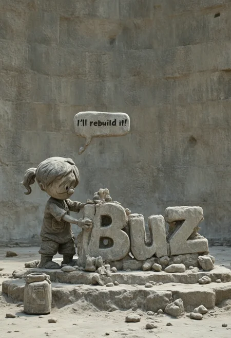 A pixar animation style master sculptor is carving a stone statue made of letters that read: "Buzz". A bubble above the master's head reads: "I'll rebuild it!"