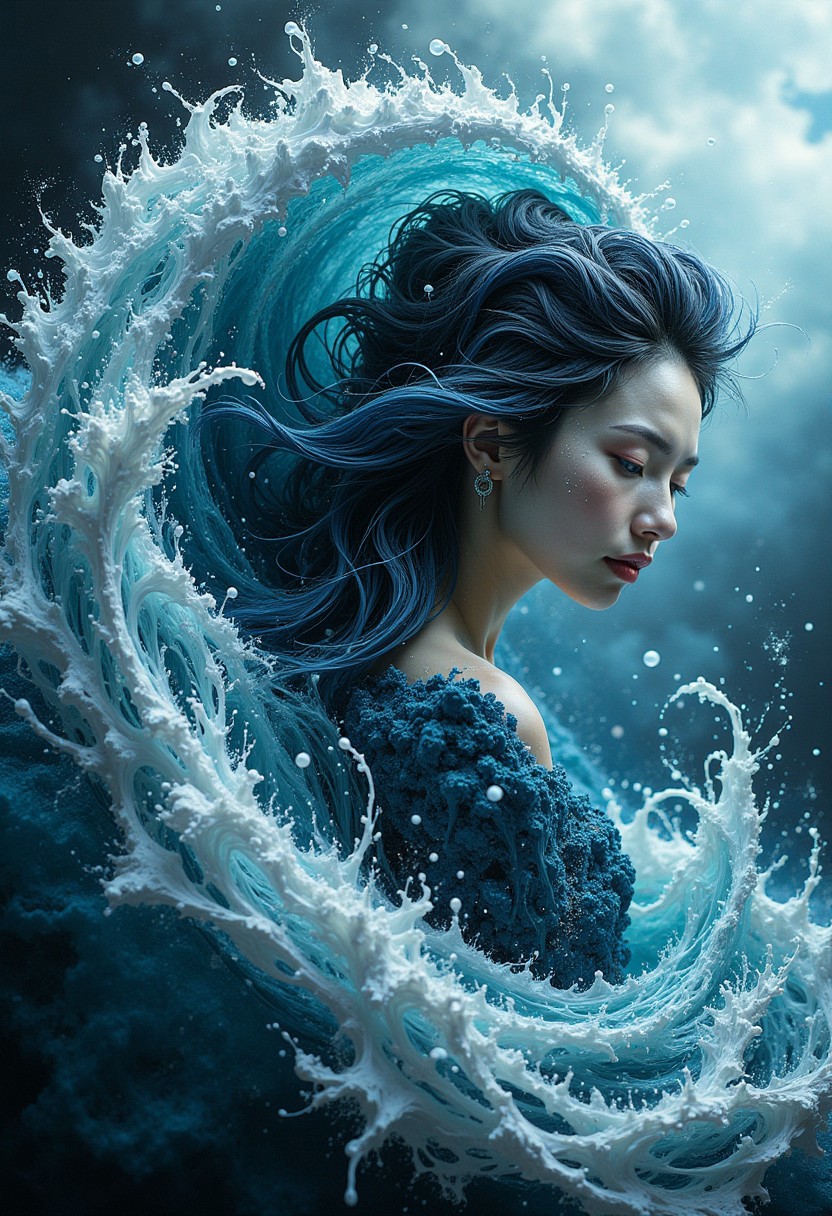 masterpiece, an ocean wave transforms into a stunning oriental water spirit woman, erotic, sexy, made of ripples of water, abstract, fractal art. highest definition, HD32K, wallpaper, hyperdetailed, concept art